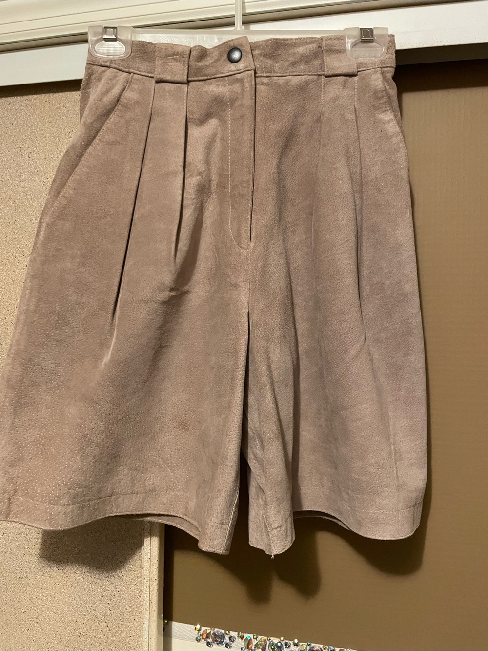 High-Waist Taupe Suede Bermuda Shorts